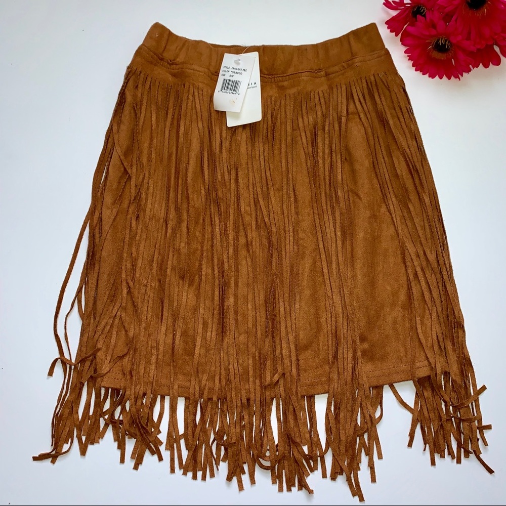 New Fornia Wéstern Fringe Brown Stretchy Skirt S/M